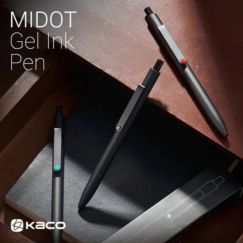 KACO MIDOT gel ink pens, 0.5mm, quick-drying, black bodies with colored clip accents, set of 3