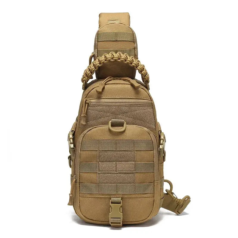 Simples Market tactical chest bag, tan MOLLE sling pack for camping and hiking