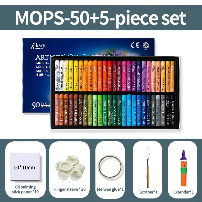 MUNGYO oil pastel set with 50 colors in a blue box; includes paper x10, finger sleeves x20, Meiwen glue x1, scraper x1, extender x1
