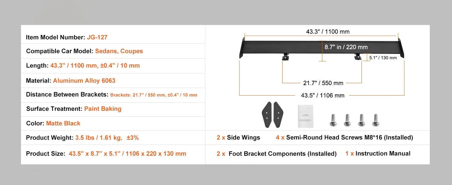 Simples Market SucceBuy GT Wing Car Spoiler, matte black aluminum 6063, 43.3 long; includes 2 side wings and mounting hardware.