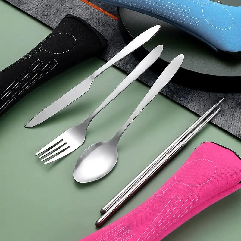 Portable Stainless Steel Cutlery Set 4 Pieces Knife Fork Spoon Chopsticks For School Travel Camping And Work