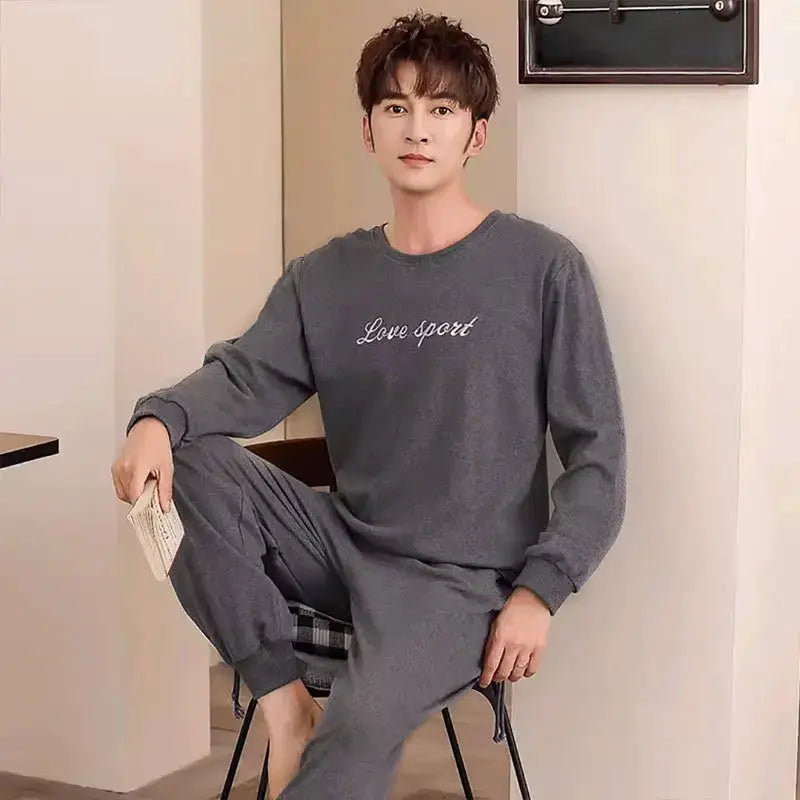 2PCS/Set Men Pajamas Long-Sleeved Korean Version of the Simple Button down Tops and Pants Nightwear Homewear Plaid Sleepwear