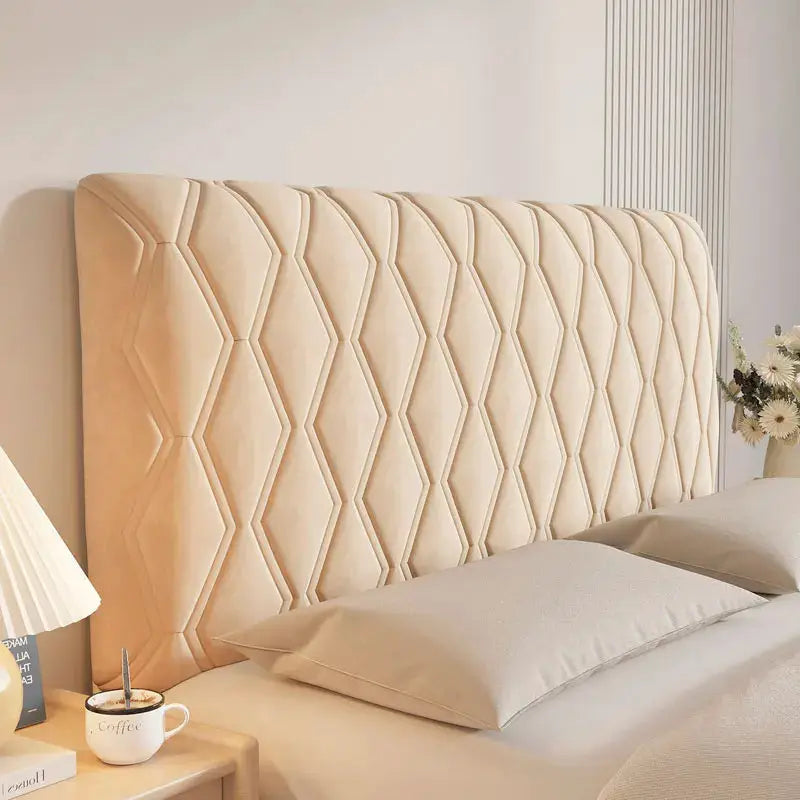 Velvet headboard cover by Simples Market in beige with diamond tufting, soft thick dust protector for bed.