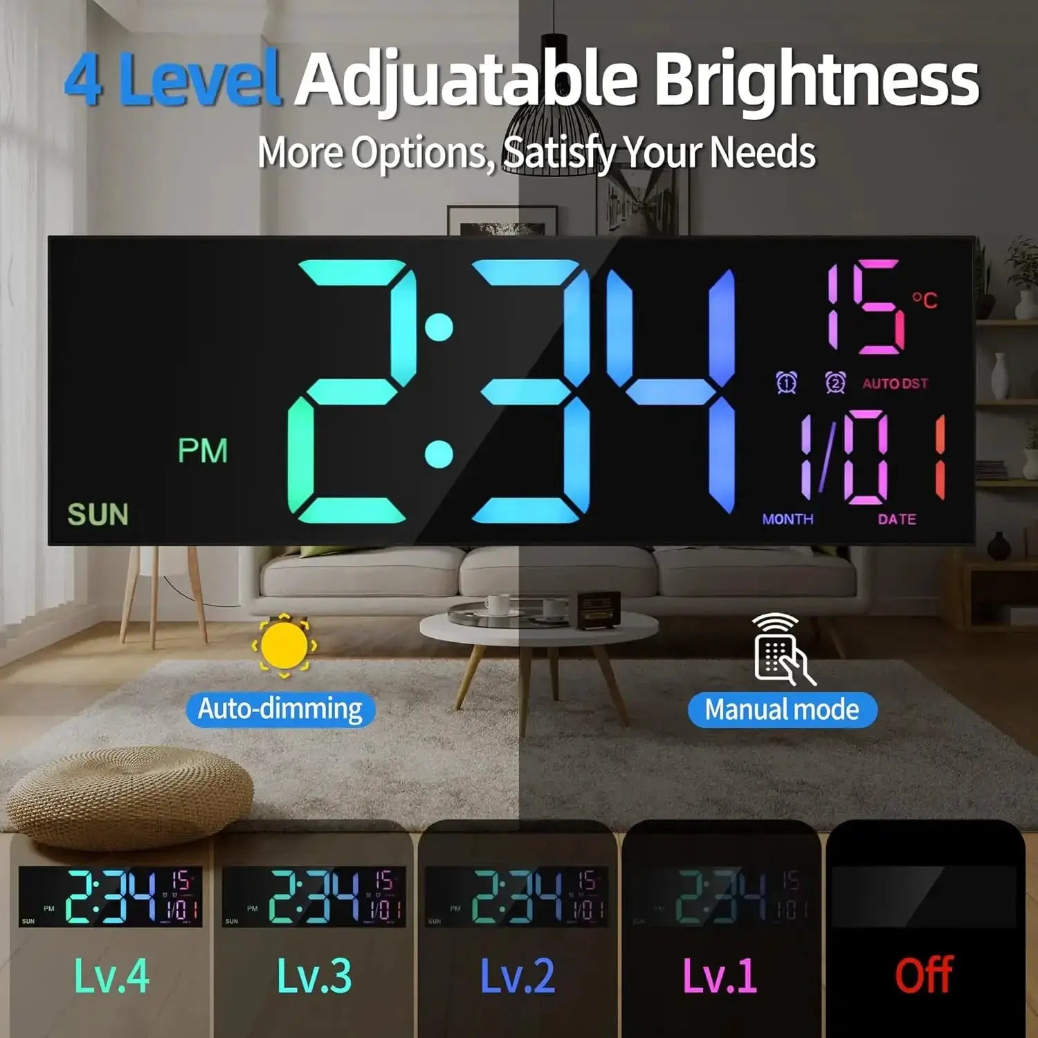 Simples Market 16.2-inch digital wall clock with remote, rainbow RGB LED display and dual alarms