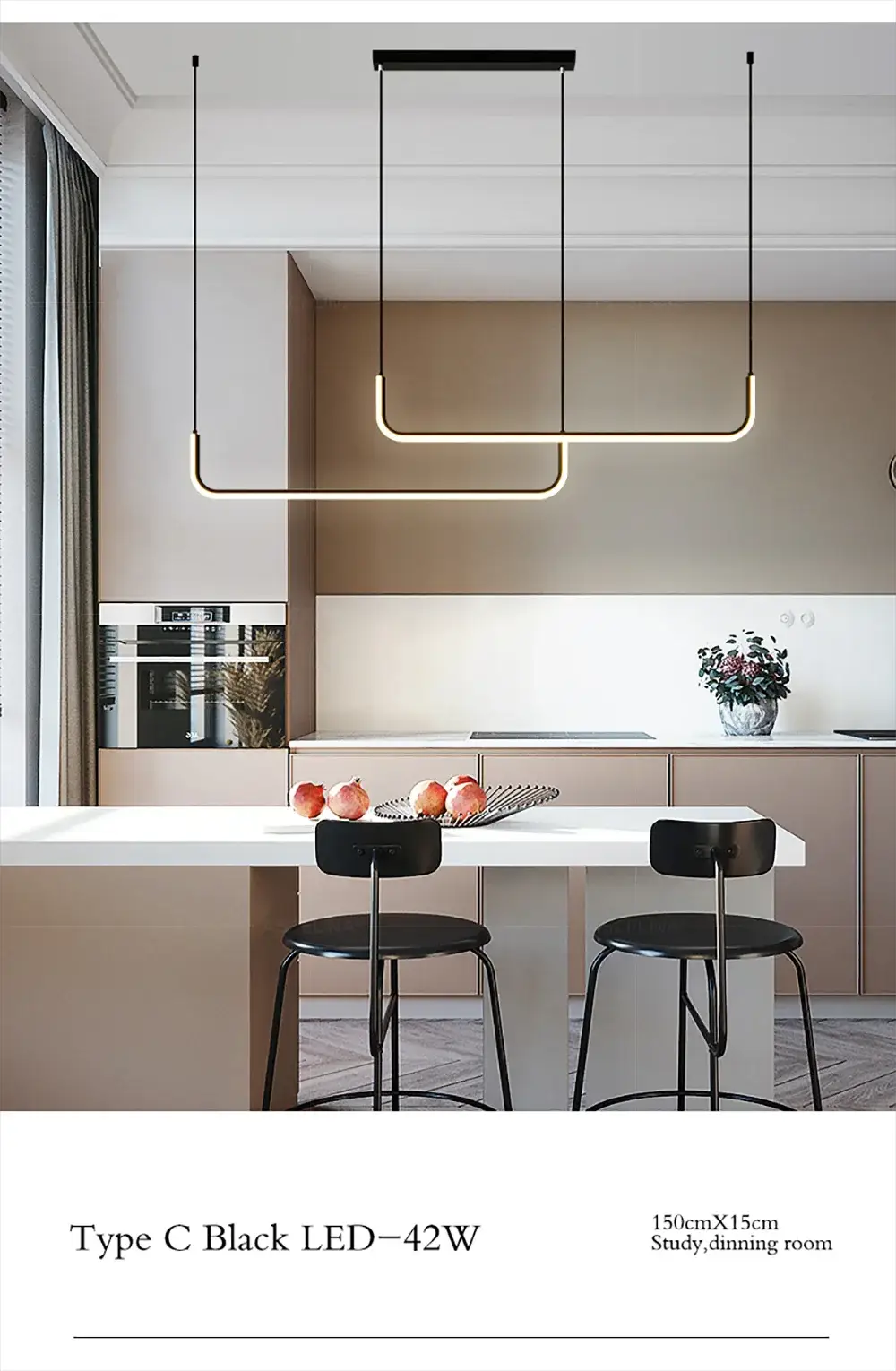 Modern LED strip chandelier with curved gold arms and black cords over a white kitchen island.