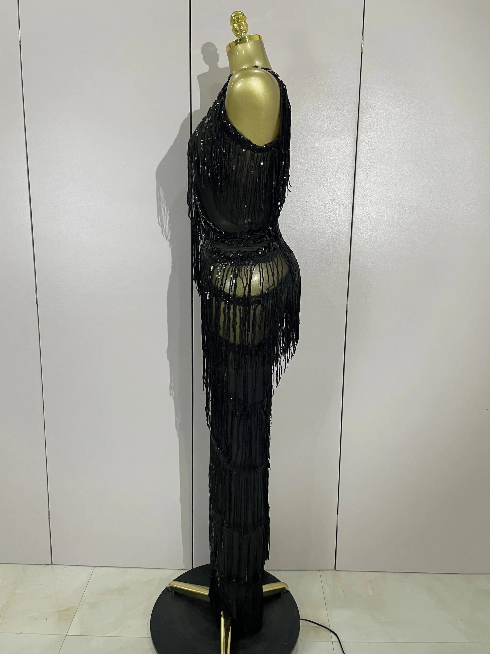Black rhinestone fringe jumpsuit with long tassels for stage performances