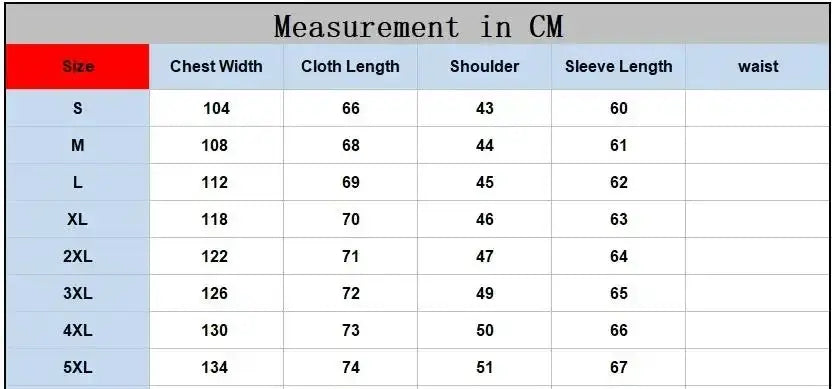Down jacket men's size chart from Simples Market showing chest width, length, shoulder, sleeve, waist for S–5XL