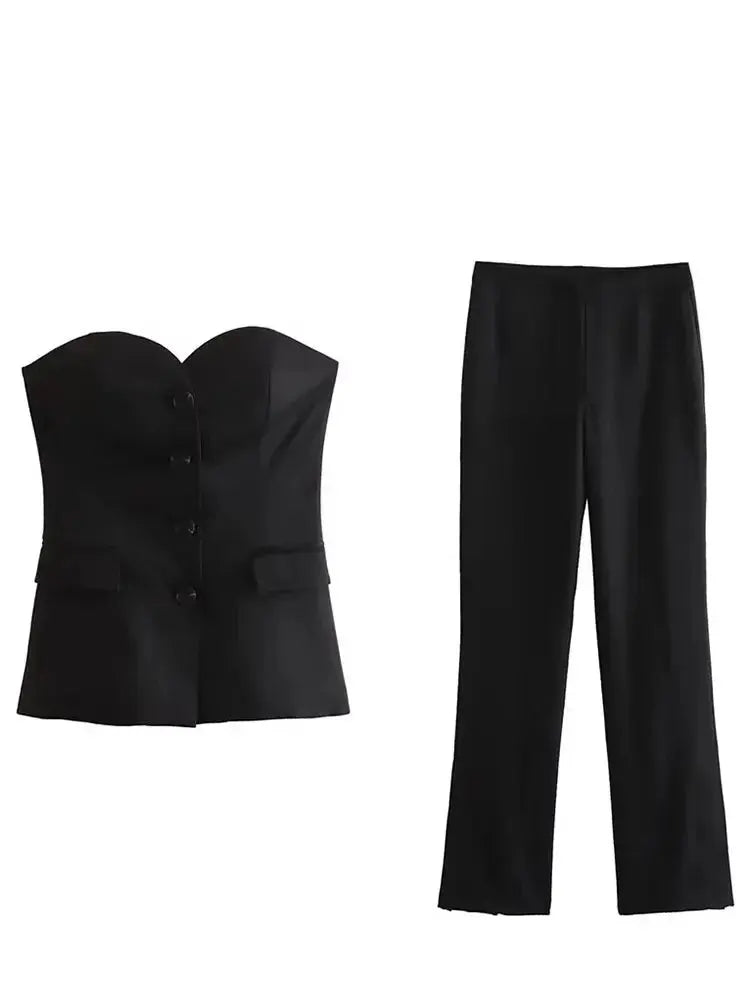Women Elegant Strapless Tank Top Pant Suit With Side Slit Trousers