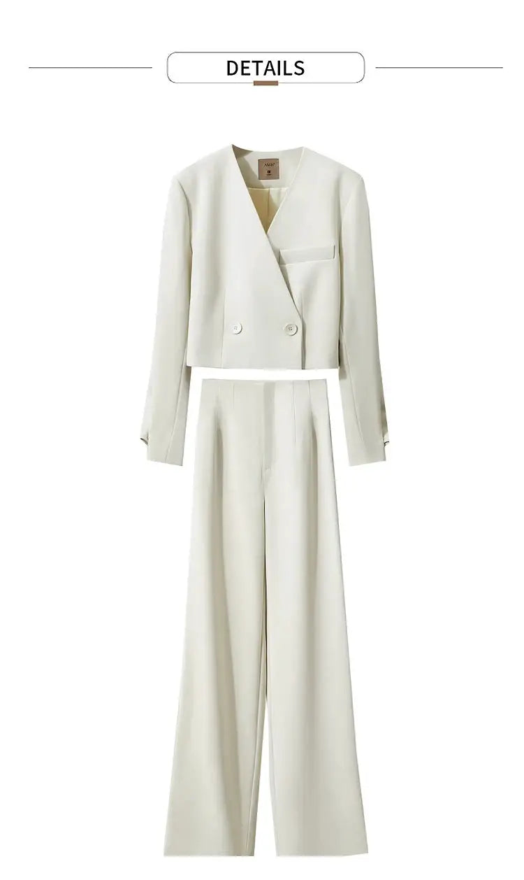 AMII Minimalism women's cream cropped blazer with double-breasted front and matching wide-leg pants