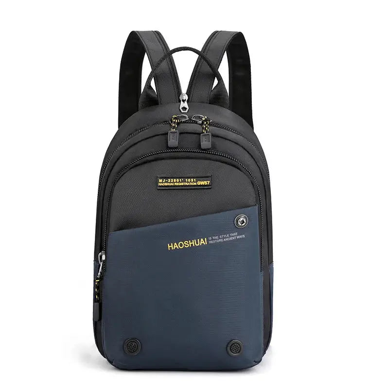 Men's small nylon backpack with black body and navy front panel, HAOSHUI branding