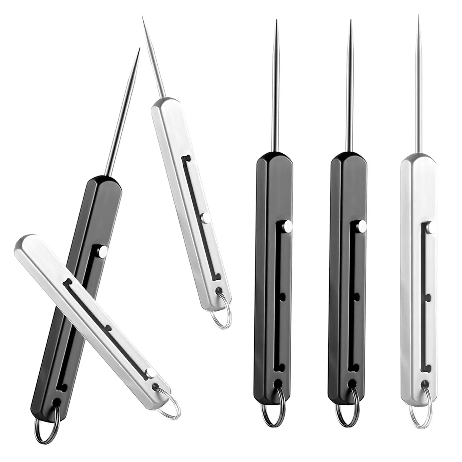 Portable titanium toothpicks pocket holder set; multiple black and silver metal picks with rings