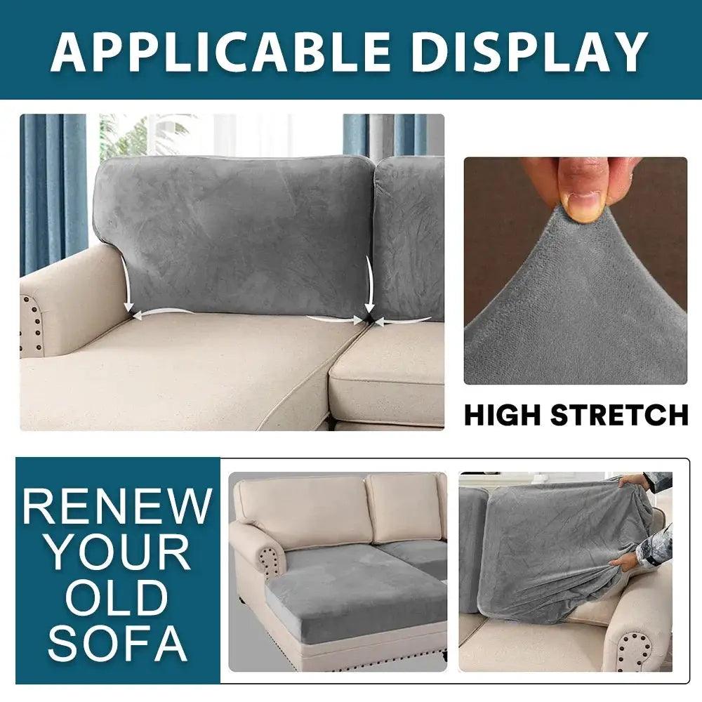 Simples Market soft velvet sofa cover, grey elastic slipcover for chaise lounge; pet-friendly and removable.
