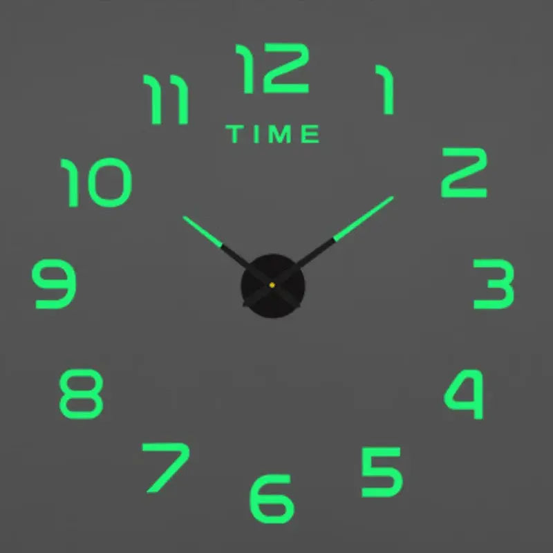 Large wall clock with neon-green numerals on a grey wall and black hands.