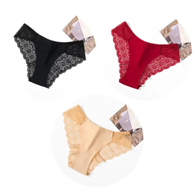 Silk satin lace panties set by Simples Market, 3-piece in black, red, nude