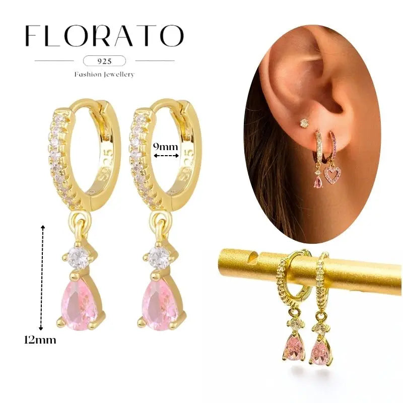 Hoop earrings pair, gold-tone 925 sterling silver with pink teardrop zircon pendants by Simples Market