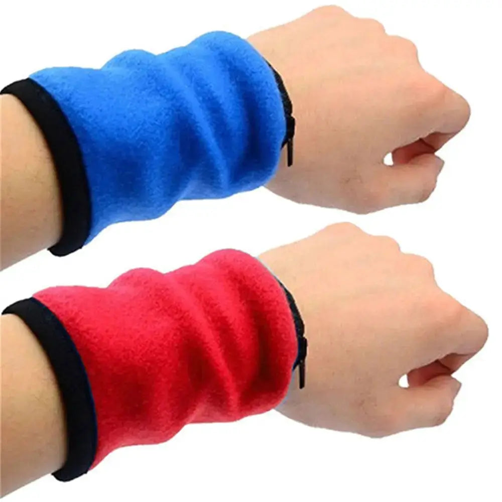 Two mini wrist wallet bands in blue and red with zippers, cotton sport coin purses for running and gym.