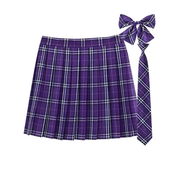 Womens purple plaid pleated JK skirt with necktie bow by Simples Market