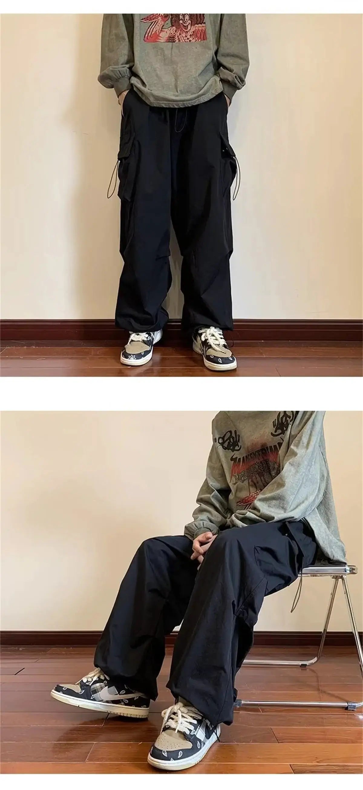 Simples Market streetwear cargo harem pants, black, elastic waist, multiple pockets, loose fit