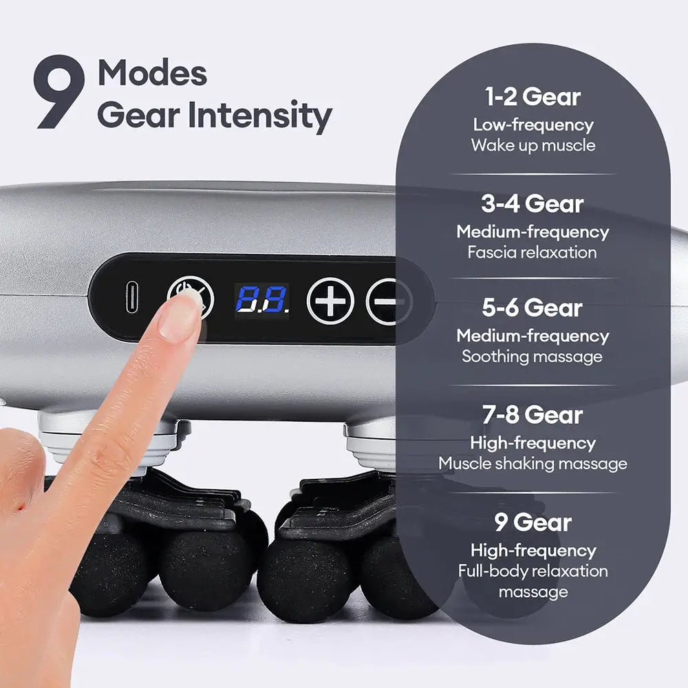 Simples Market 30-head massage gun; silver body fascia massager with digital display and multiple heads