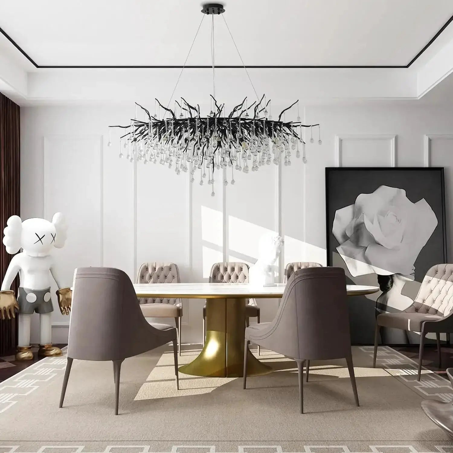 Royal Nordic crystal chandelier by Simples Market; black metal branches with clear crystal droplets