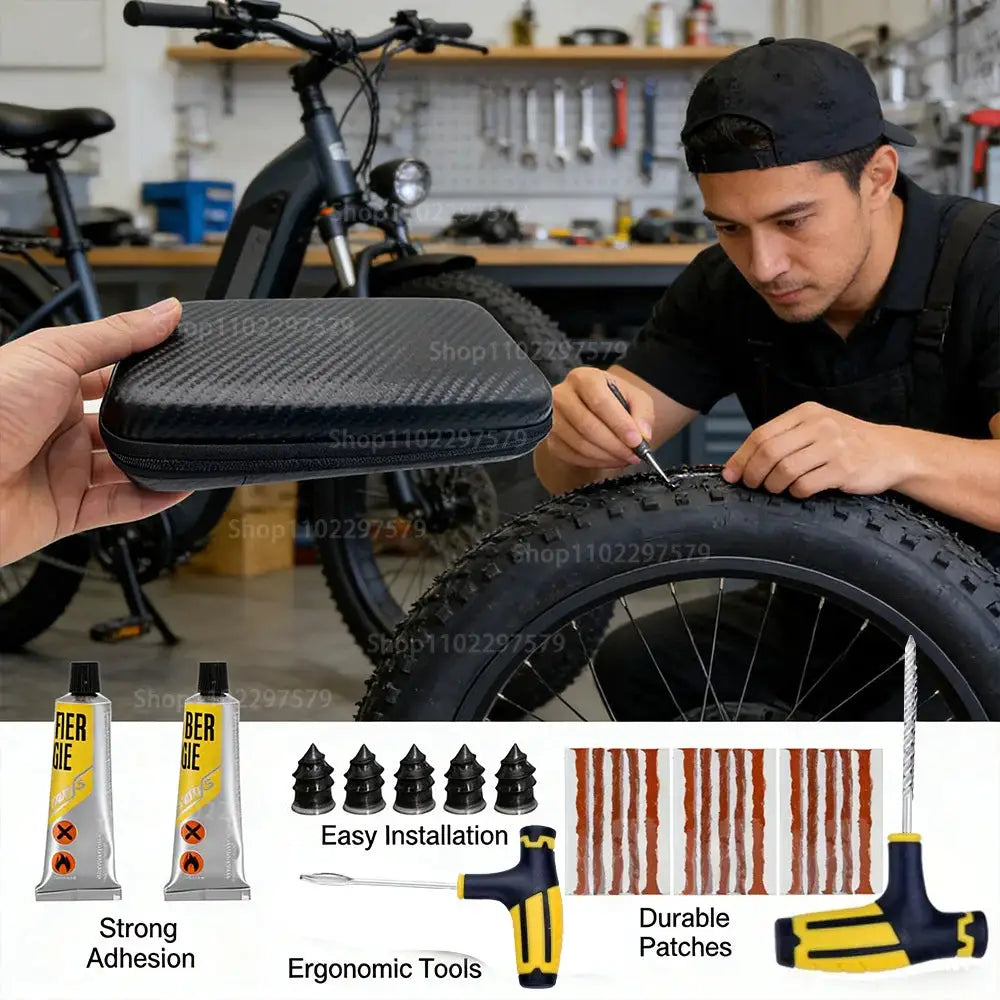 Simples Market Tire Repair Kit: emergency puncture plug tool set with glue and rubber patches, in a compact case