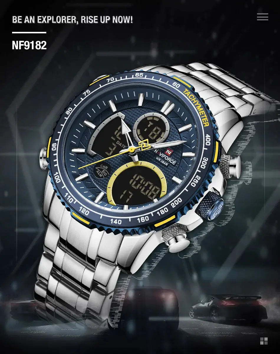 NAVIFORCE men's sport watch with stainless steel band, blue bezel, chronograph dial