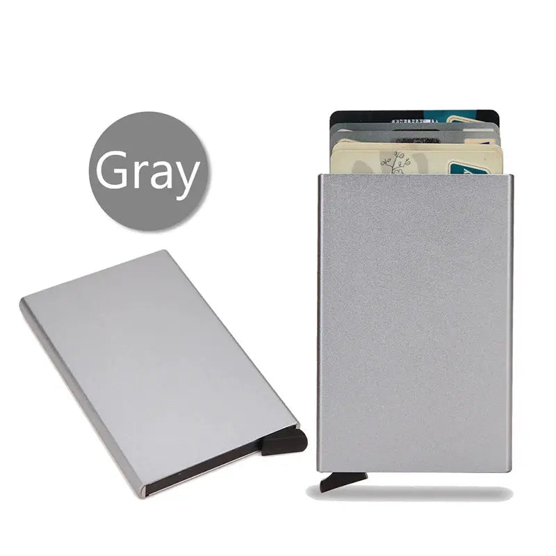 RFID aluminum card holder gray minimalist wallet; slim metal card case with cards visible (2 views shown)