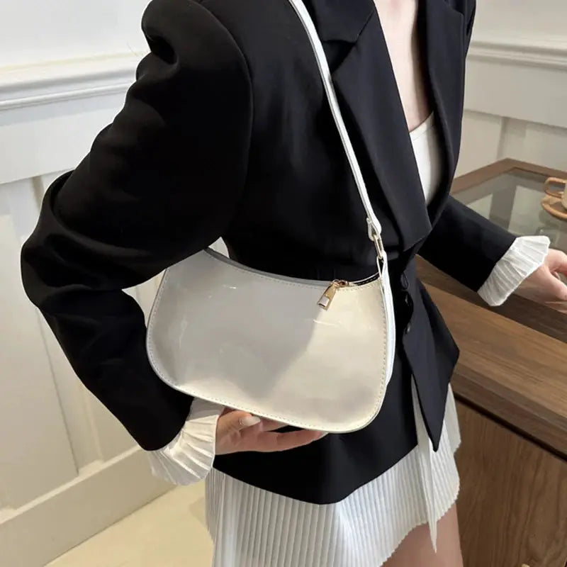Shoulder bag by Simples Market, white glossy PU leather with gold zipper