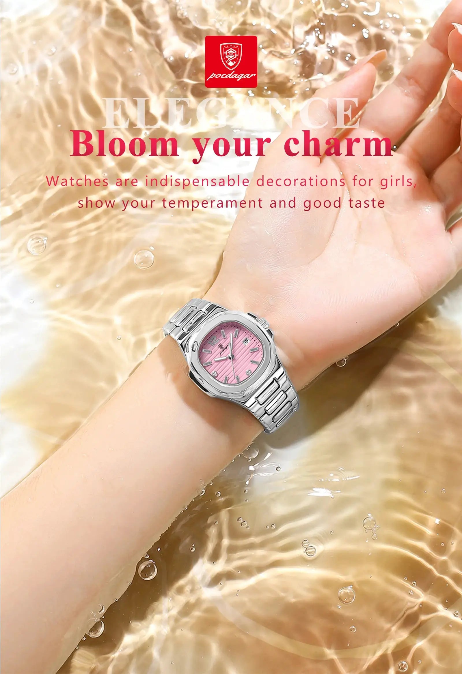 POEDAGAR square women's wristwatch with pink dial and silver stainless steel band