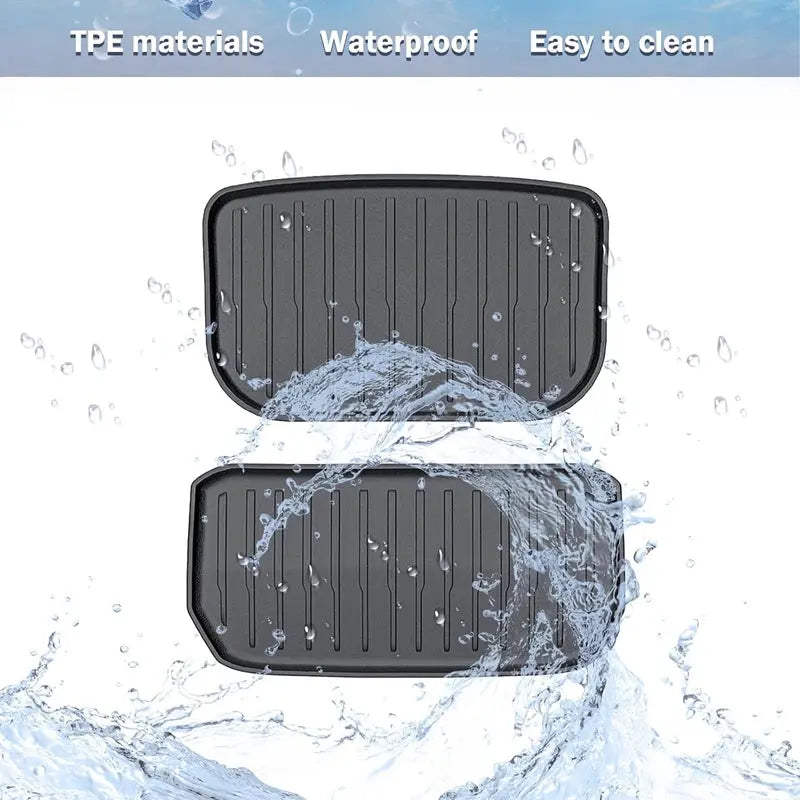 Tesla Model Y Juniper 2025 front and rear trunk mats, 2-piece black TPE waterproof cargo liner.