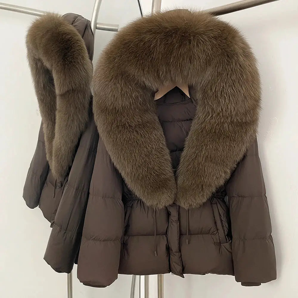 Womens Real Fox Fur Collar Duck Down Coat With Raccoon Fur Trim Hooded Puffer Jacket
