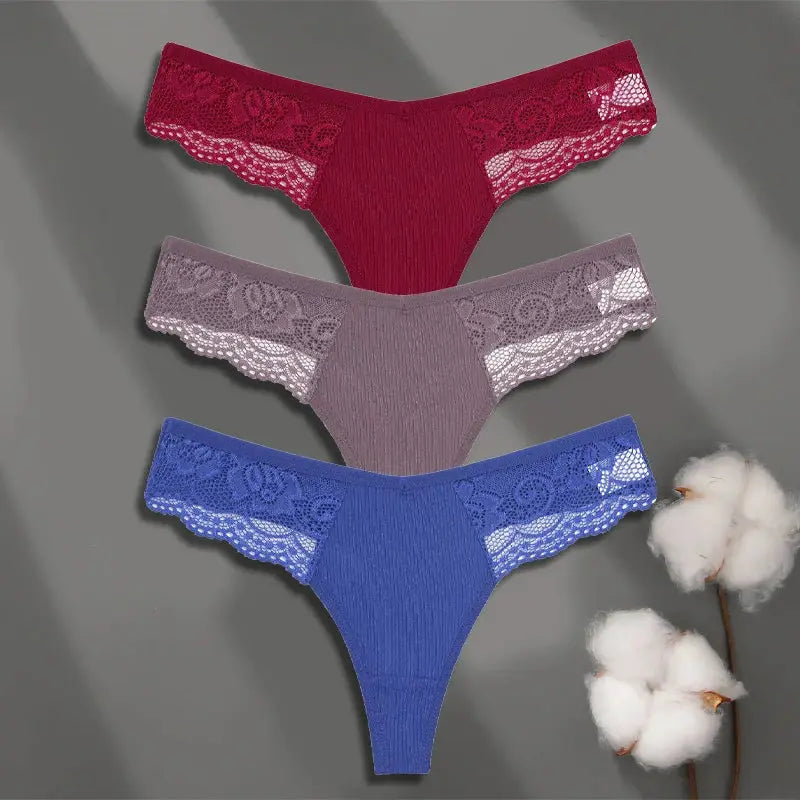 3-pack women's cotton lace thongs in red, mauve, and blue with lace sides