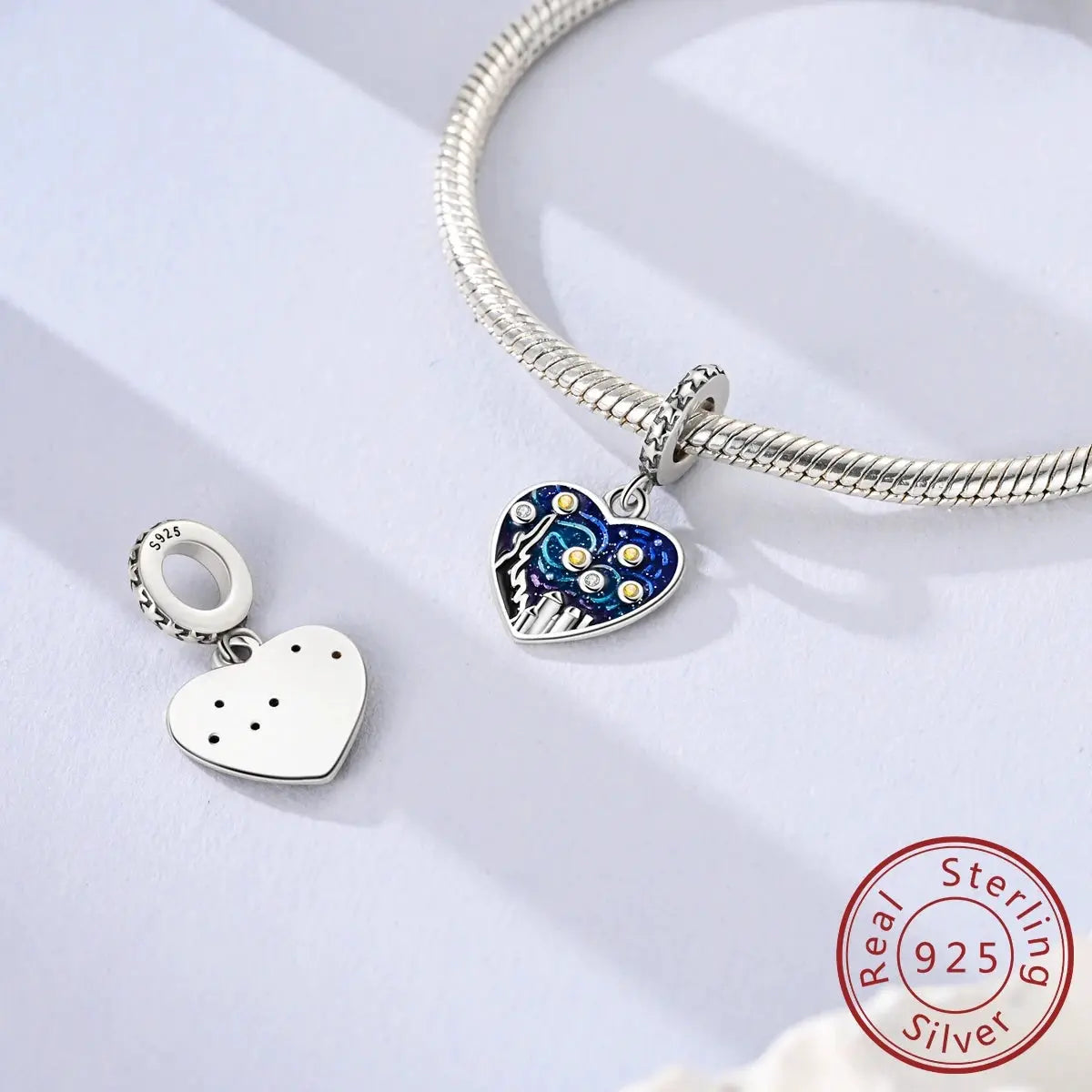 925 sterling silver heart charms; Van Gogh Starry Night blue enamel heart with crystals and plain white heart (2 pcs)