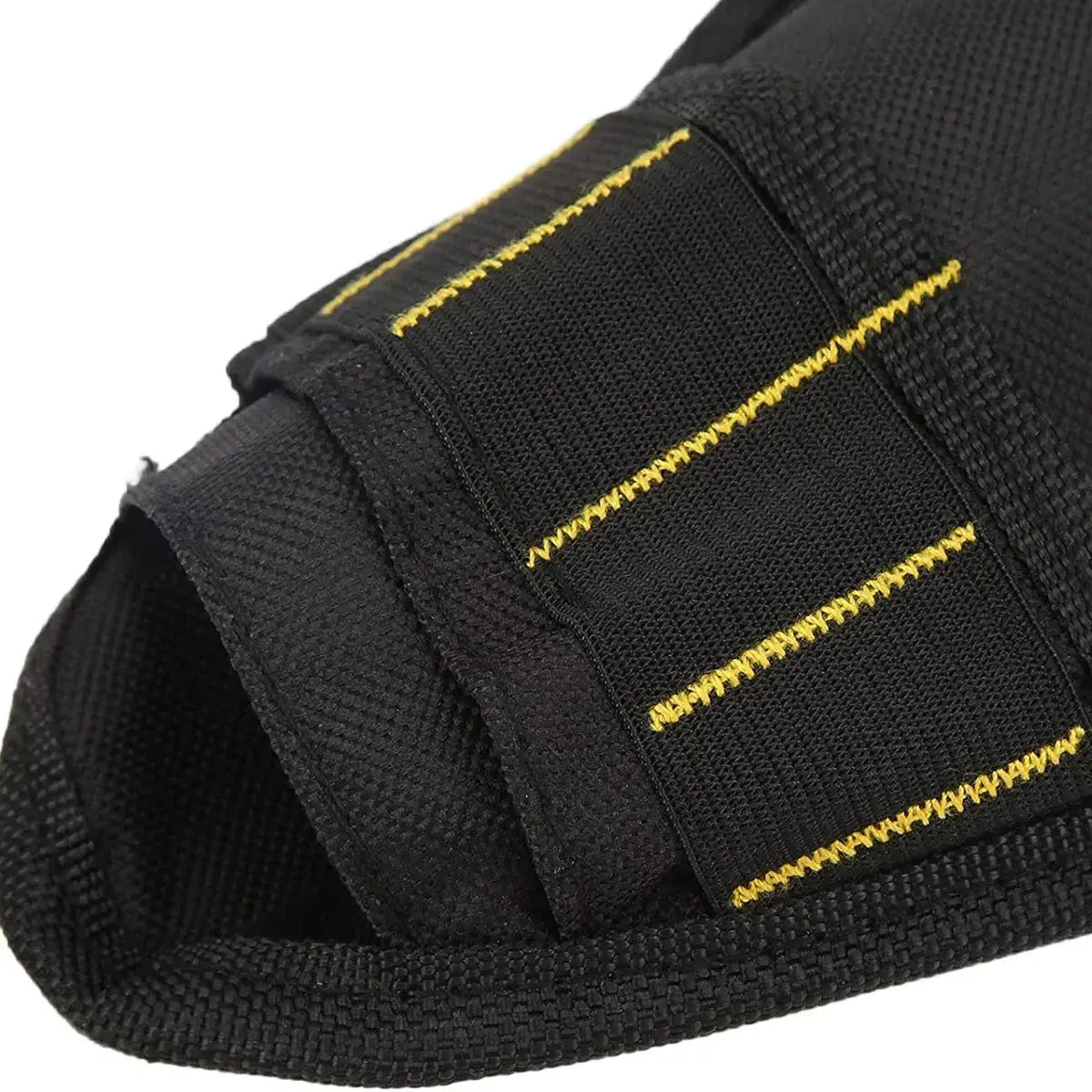 Cordless drill holster in black nylon with yellow stitching and reinforced strap