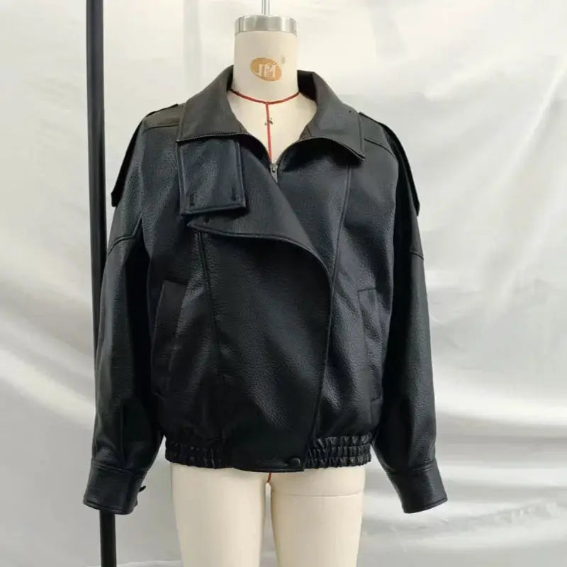 UrbanChic PU Leather Jacket Stand Collar Long Sleeve Loose Fit Coat For Effortless Casual Streetwear In Autumn