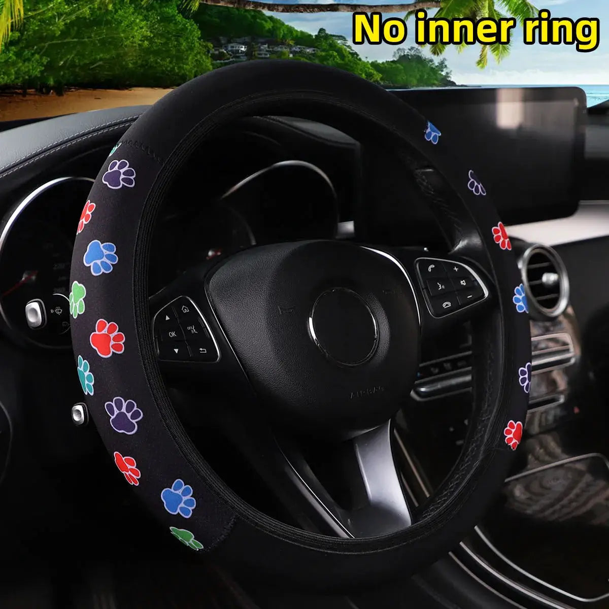Simples Market steering wheel cover, 38cm, black with multicolor paw prints, no inner ring