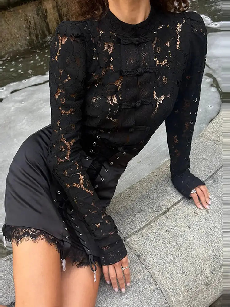 Urban Lace Patchwork Women's Skirt in black with corset-style lace-up side detailing
