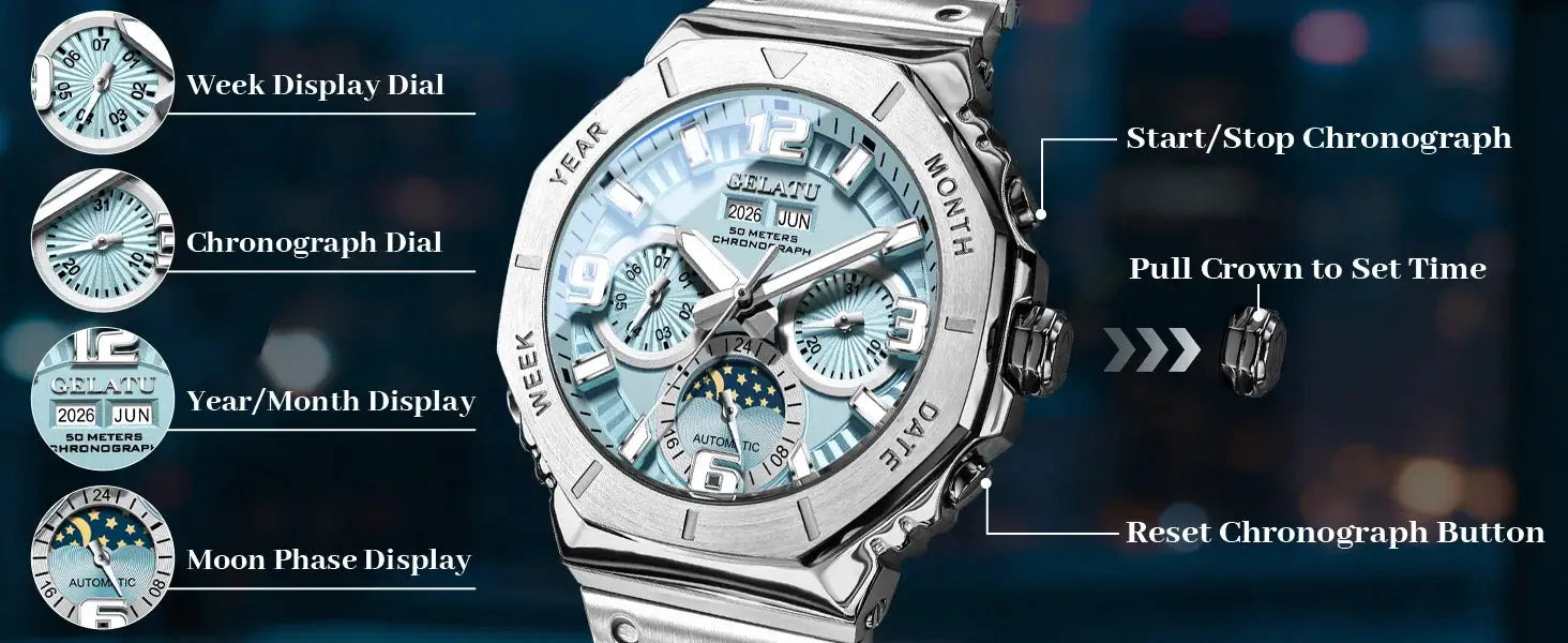 GELATU men's diving automatic mechanical wristwatch with blue dial, moon phase, chronograph, 50 meters waterproof by Simples Market