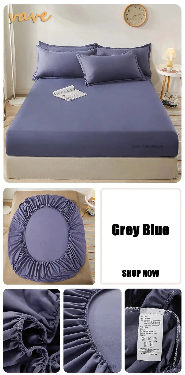 Full-size cotton fitted sheet in grey-blue with elastic edges on a bed