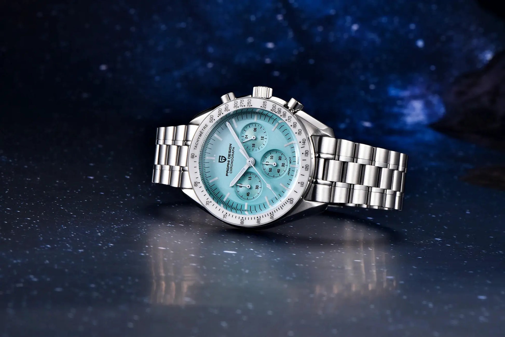 PAGANI DESIGN men's chronograph watch with turquoise dial, stainless steel bracelet and tachymeter bezel