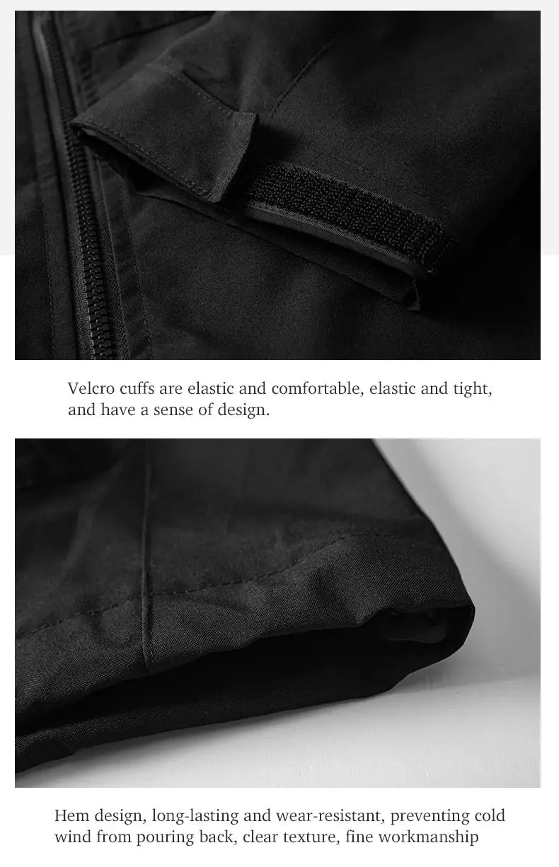 LNGXO waterproof hiking jacket, black with Velcro cuff straps and durable hem