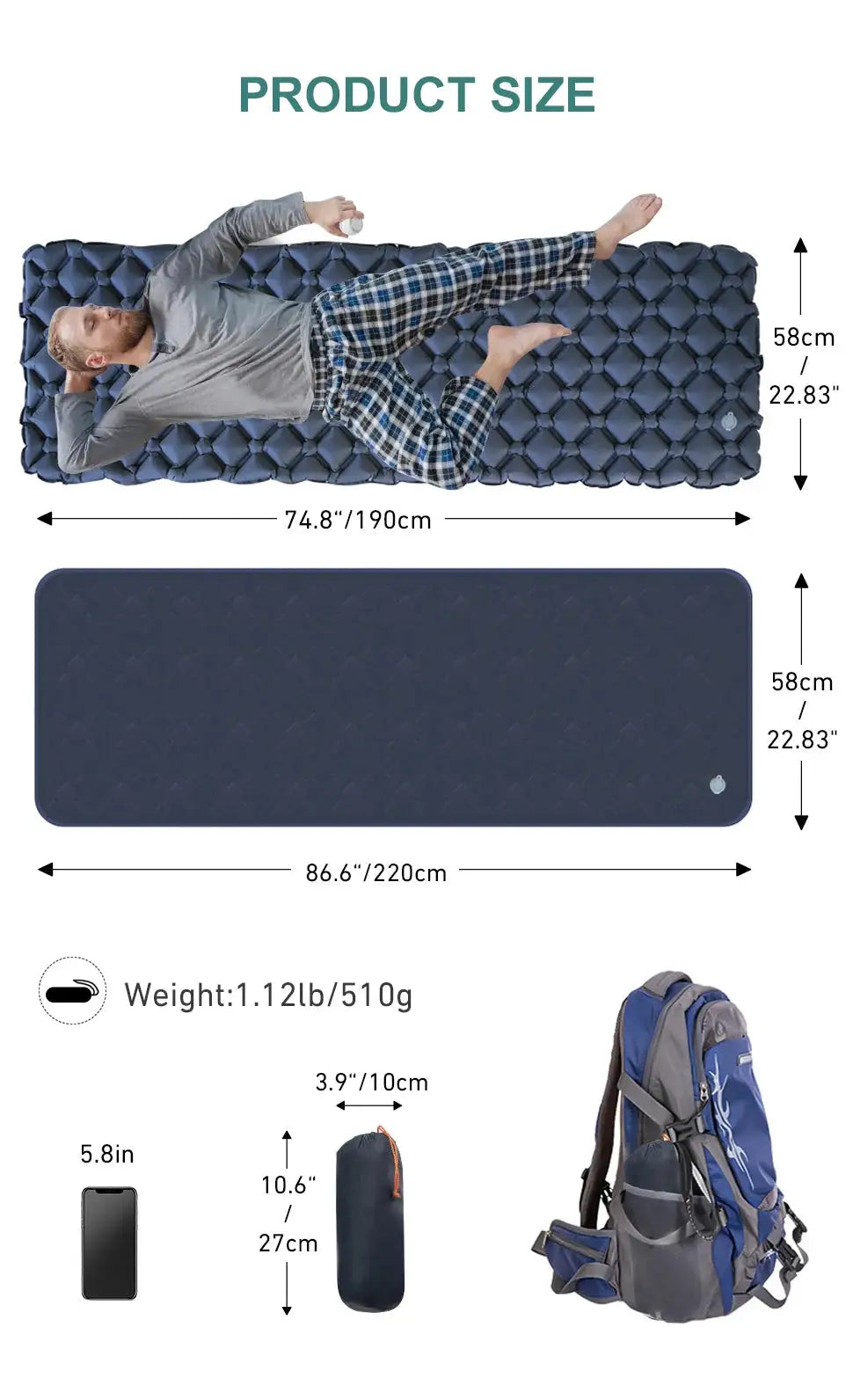 WESTTUNE camping sleeping pad by Simples Market, ultralight inflatable mattress for travel and hiking in navy blue