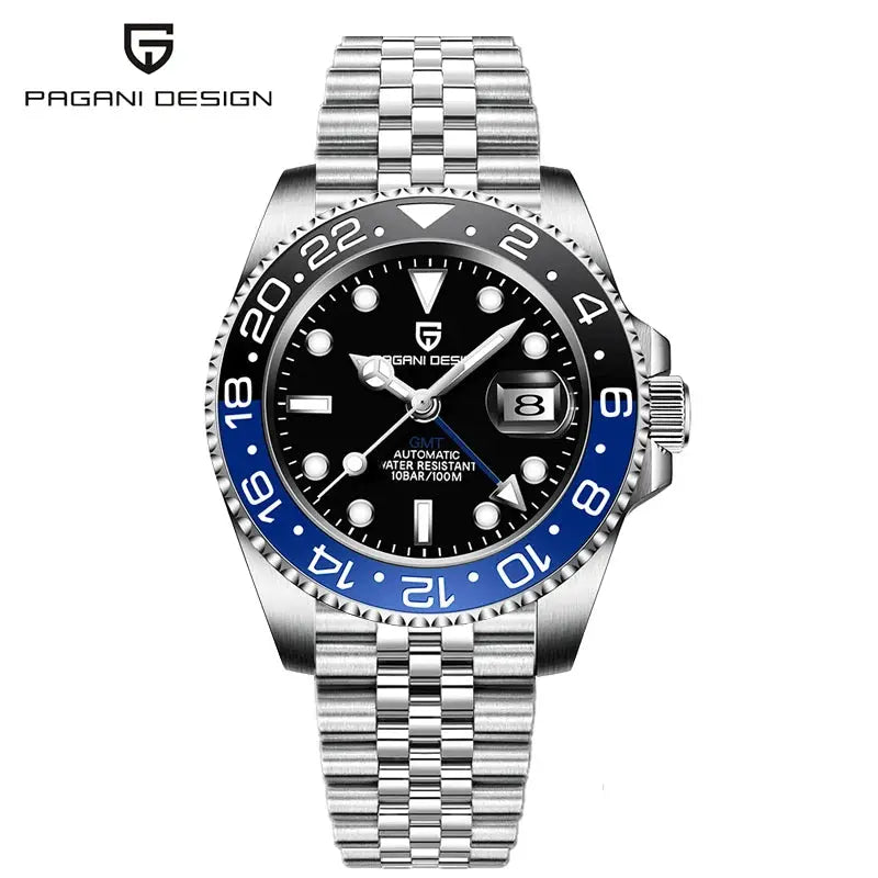 Pagani Design PD-1662 men's stainless steel GMT automatic watch with ceramic blue/black bezel and black dial