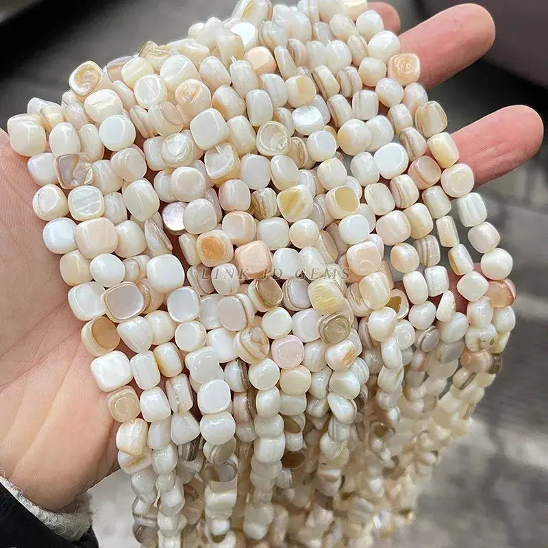 Natural shell beads, irregular square-cut, smooth cream-beige tones; loose spacer beads for jewelry making