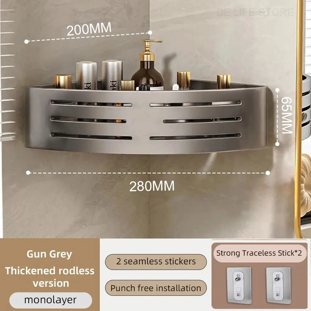 Corner bathroom shelf by Simples Market in gun-gray finish, space aluminum with plastic hook towel bar, no-drill