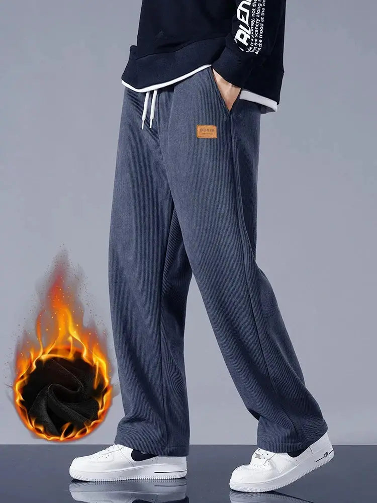 Men's winter corduroy sweatpants, navy fleece-lined, drawstring, loose straight fit