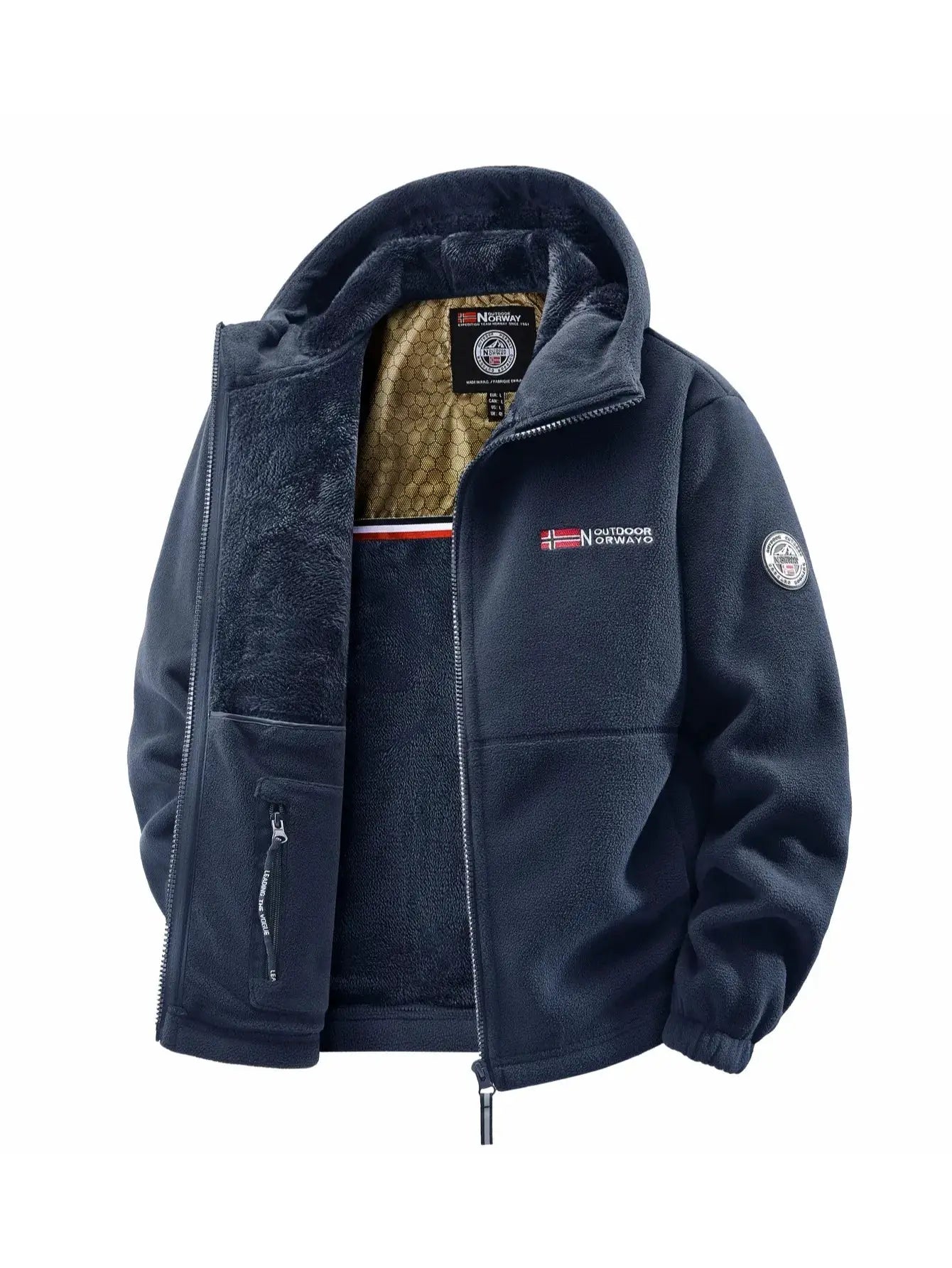 Men's navy fleece-lined outdoor hooded jacket by Simples Market; zip front, plush interior, Outdoor Norway chest patch.