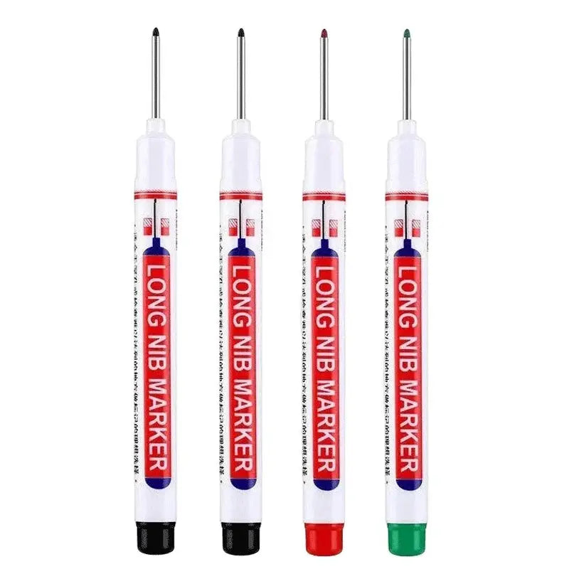 Set of 4 white long-nib markers with color-coded tips (black, gray, red, green) for metal and woodworking