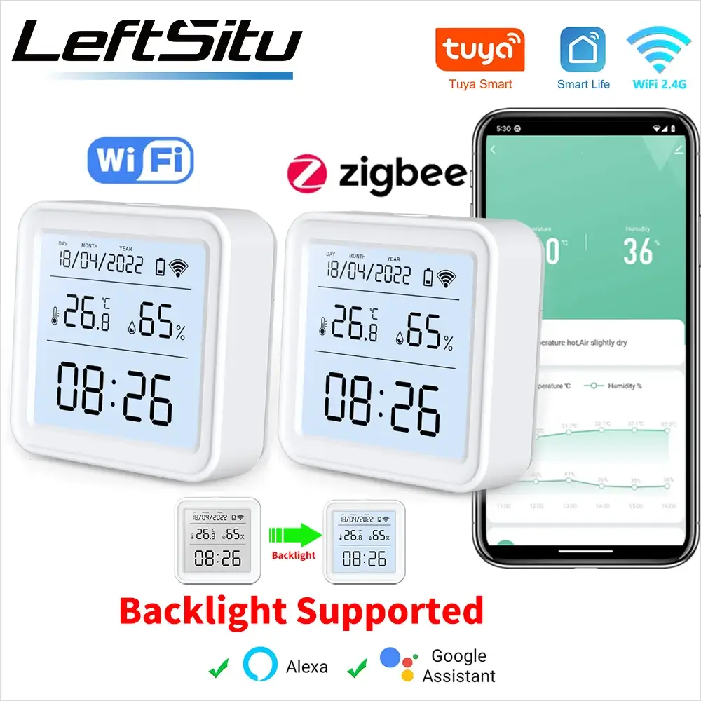 Tuya Zigbee WiFi temperature humidity sensor by Simples Market, white backlit hygrometer thermometer