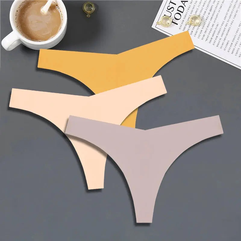 FINETOO ice silk seamless thong underwear set, 3-pack in yellow, peach and taupe, low-rise